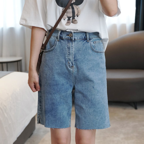 大码女高腰脚口开叉四分牛仔短裤