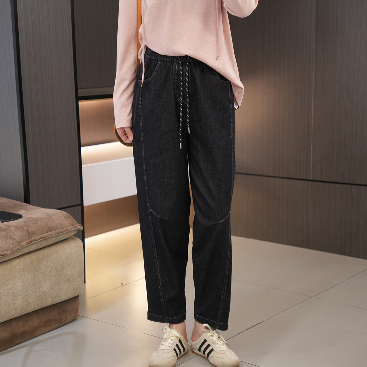 闭眼入新款高腰抽绳显瘦老爹裤