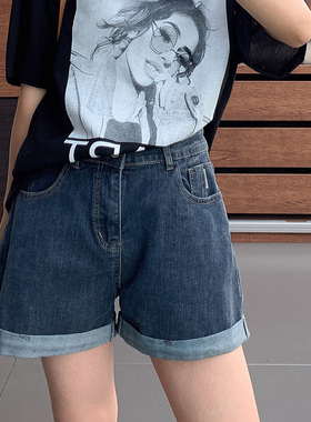 黑色大码110-200斤弹力牛仔短裤女胖mm薄软高腰卷边A字版外穿热裤