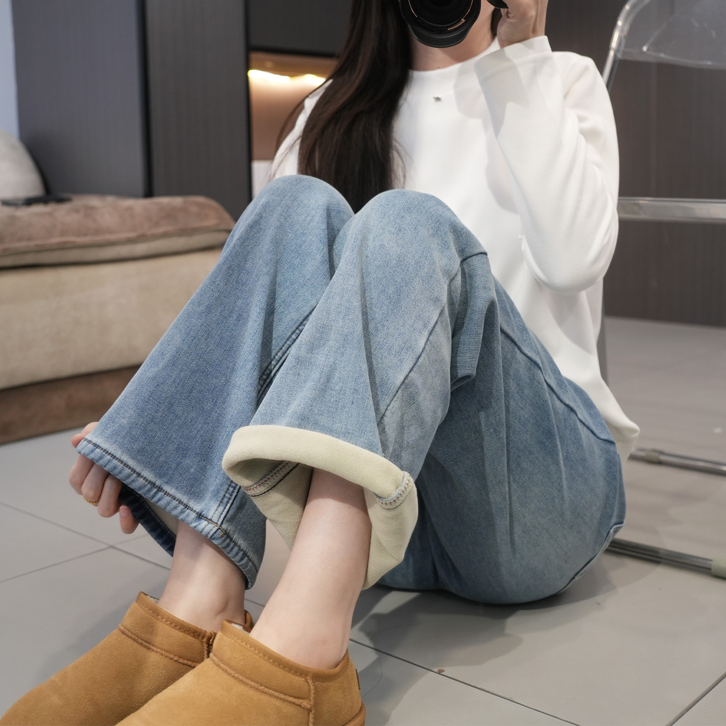 冬季必入加绒加厚高腰显瘦直筒裤