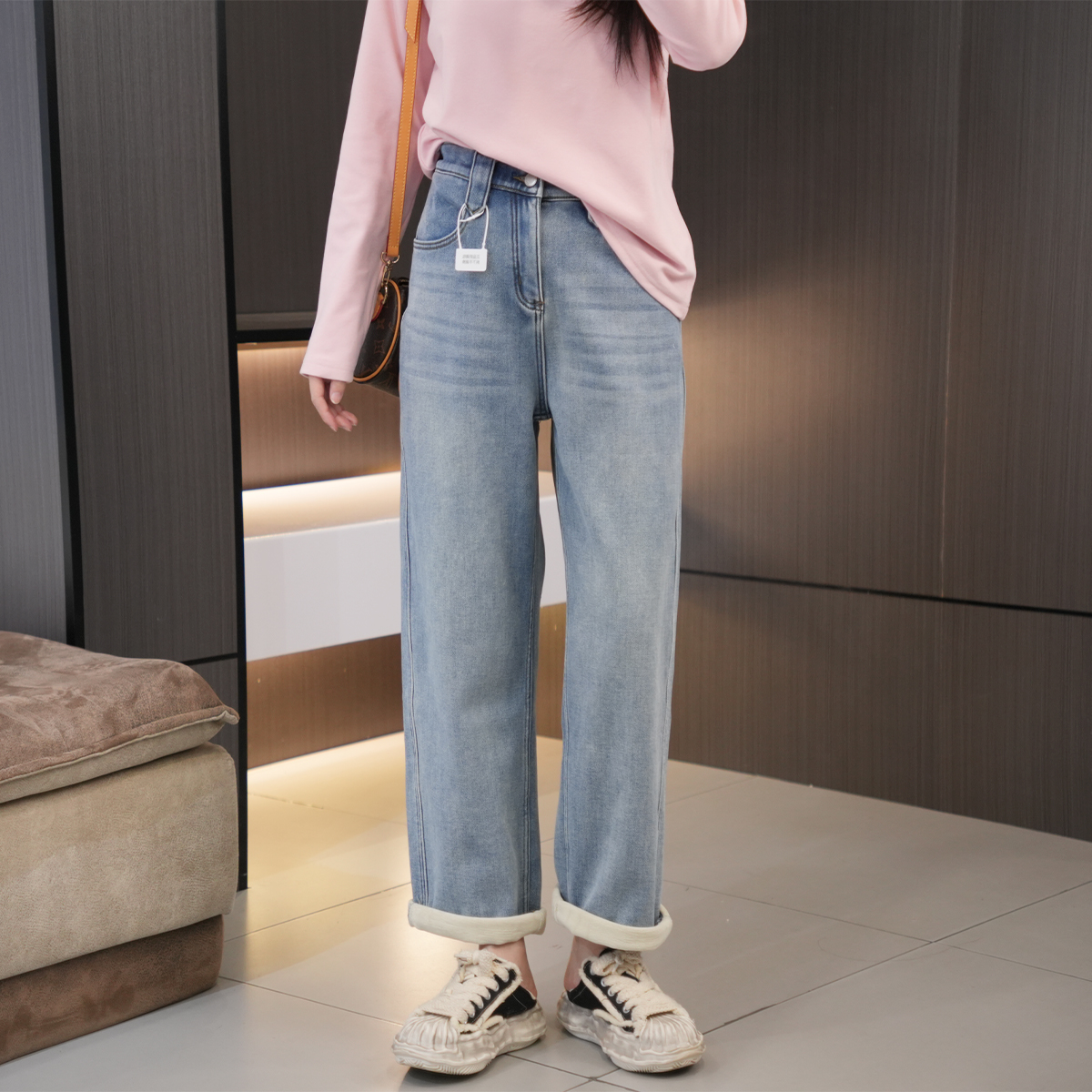 冬季必入时尚加绒加厚高腰直筒裤