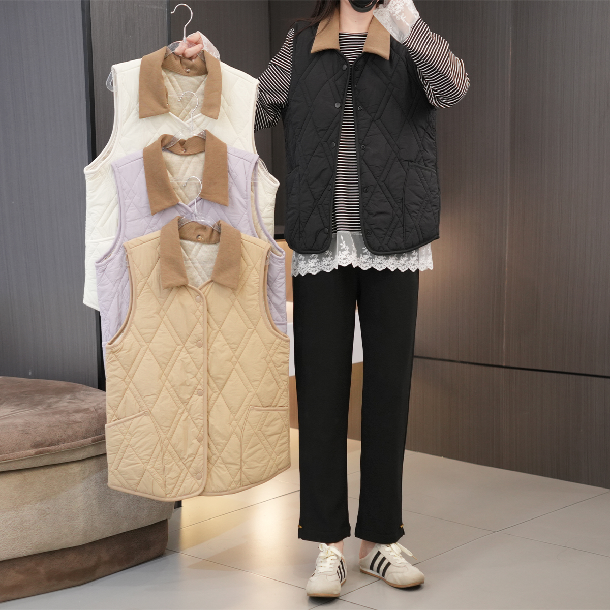 初冬必入可卸撞色翻领百搭棉马甲