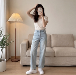 200斤胖mm浅蓝色通勤百搭直筒裤 春季 120 三色高腰显瘦法棍裤 大码