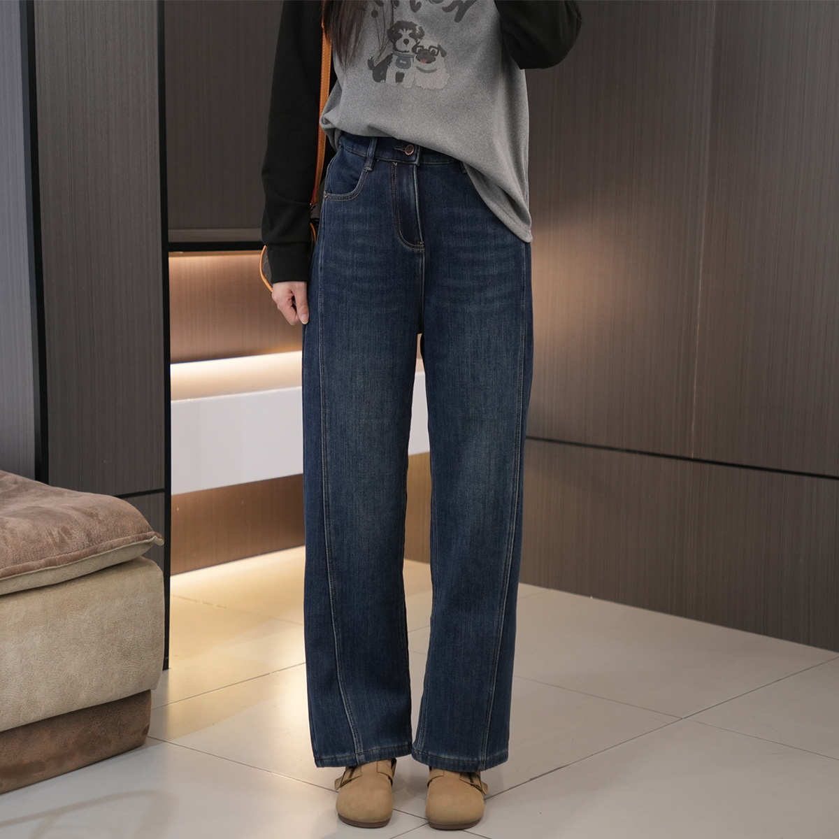 胖妹妹必入高腰显瘦加绒直筒裤