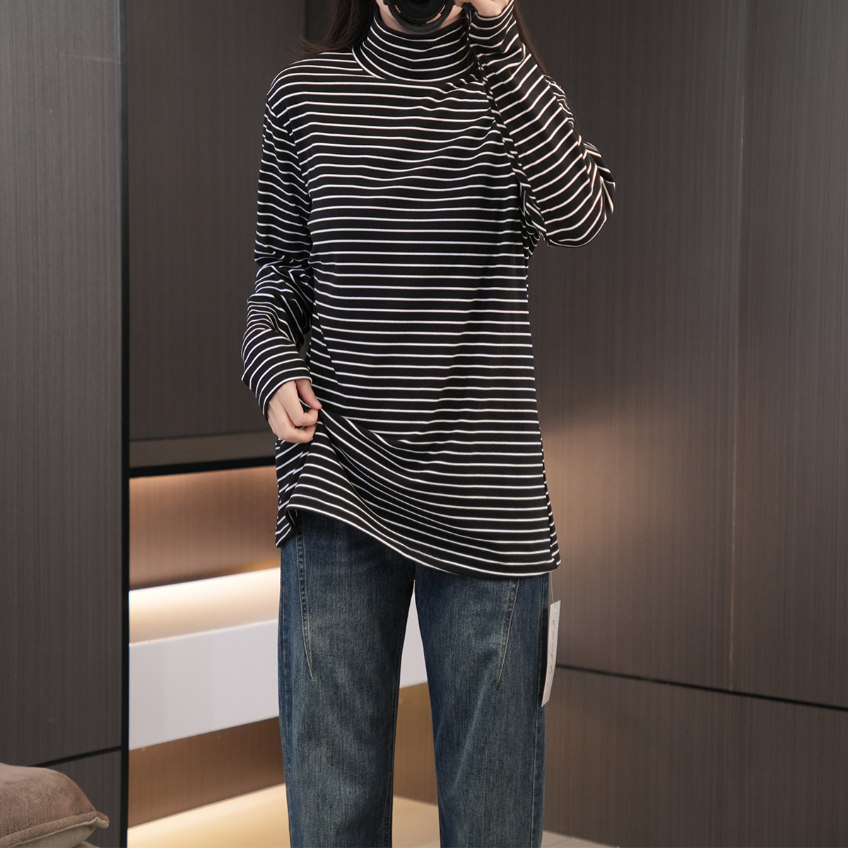 闭眼入时尚磨毛经典条纹打底衫