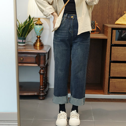 100-200斤翻边牛仔裤大码 胖mm秋季松紧高腰显瘦高弹力直筒烟管裤 - 封面