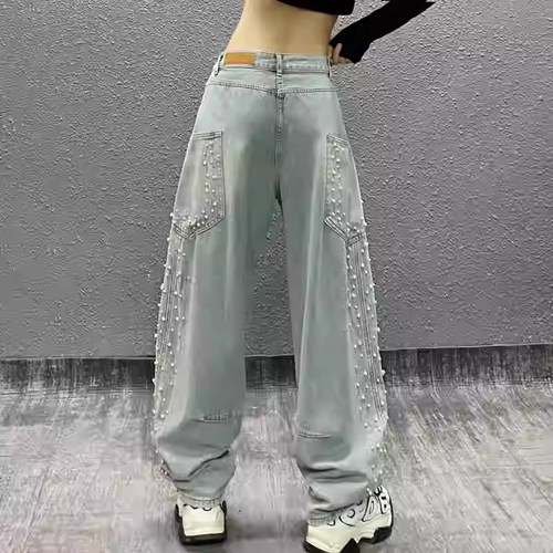 侧边口袋设计钉珠牛仔弯刀裤女春