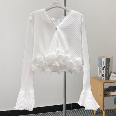 高腰型高级感长袖雪纺荷叶边衬衫