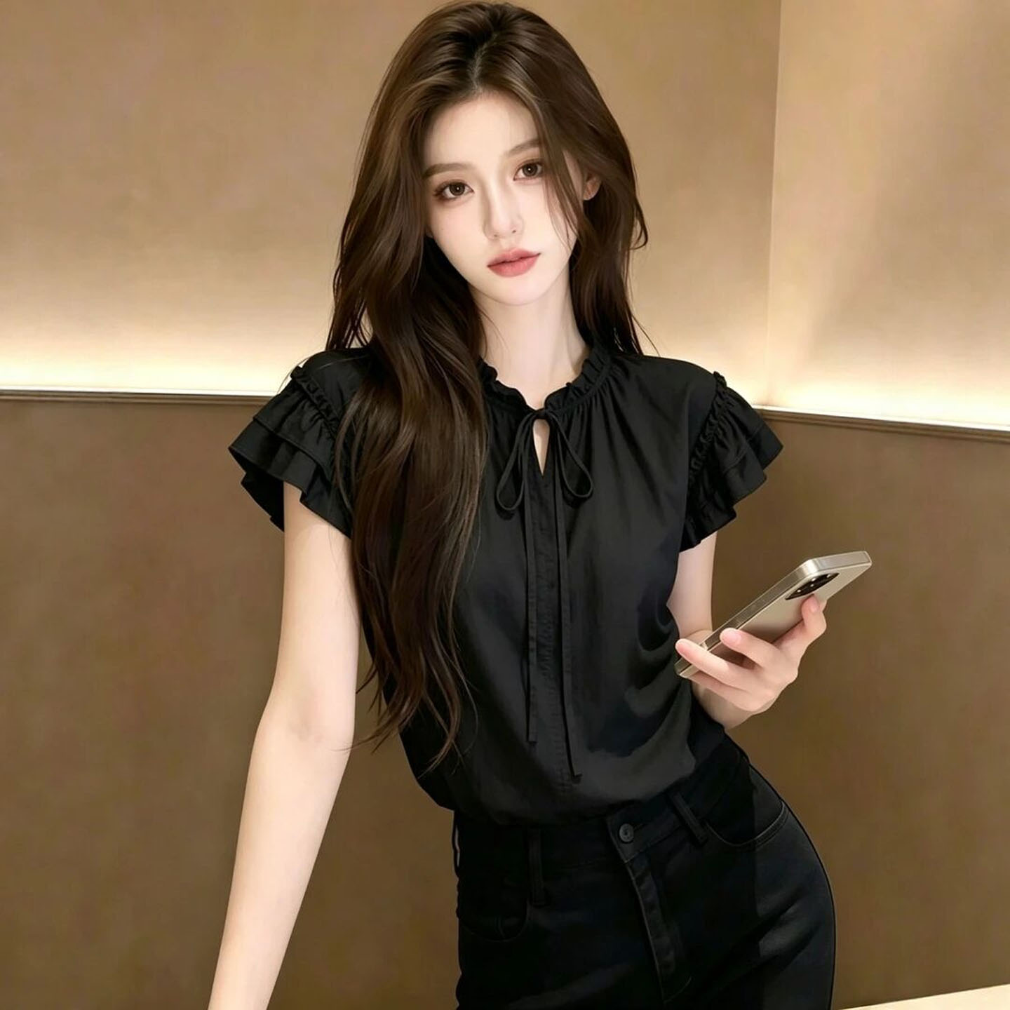 黑色荷叶边绑带飞飞袖衬衫女款图片