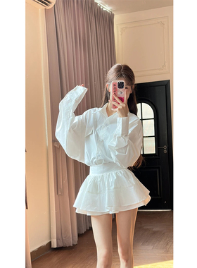 2025秋季新款高级氛围感防皱长袖衬衫高腰短裙两件套白色套装女
