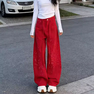 网红同款重工满天星烫钻红色牛仔裤女宽松显瘦百搭弯刀阔腿长裤子