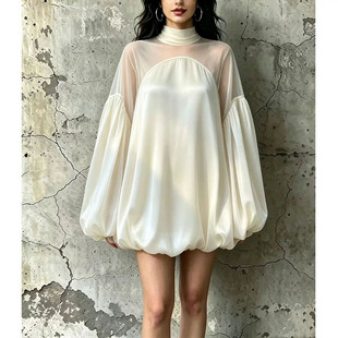 设计感小众露肩灯笼袖雪纺衬衫2026新款女士早秋气质时尚显瘦上衣