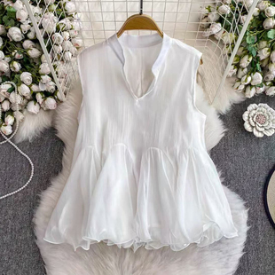 超大摆娃娃衫 复古无袖 女百褶设计感上衣夏 法式 重工剪裁