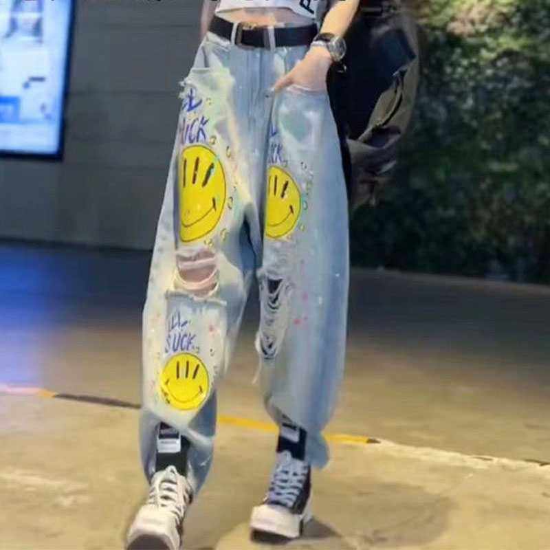 磨破水洗牛仔裤女休闲阔腿哈伦裤