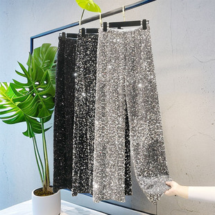 春季加厚韩国绒亮片阔腿裤大长腿垂感大码拖地裤闪亮加长直筒裤女