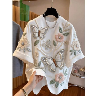 欧货重工刺绣蝴蝶花朵短袖T恤男女夏季高级感钉珠上衣时尚潮流