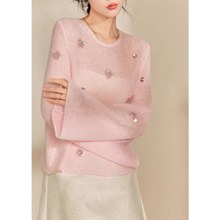 粉色毛衣春季重工设计感小众法式复古宽松温柔新款针织衫
