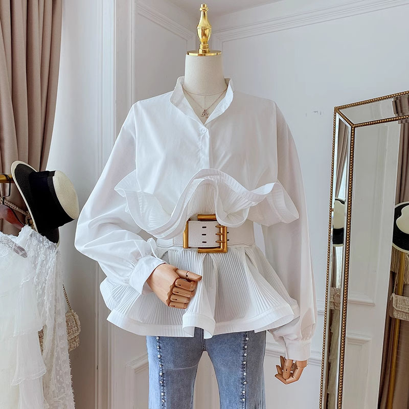 修身型法式长袖雪纺荷叶边衬衫