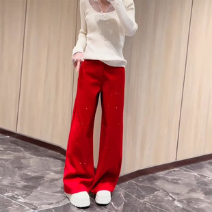 红色双面烫钻满天星阔腿牛仔裤女2026年春季新款宽松显瘦休闲裤子