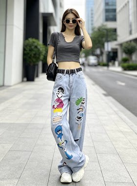 原创定制时尚休闲新款高腰洋气阔腿裤女款百搭爆款复古破洞牛仔裤