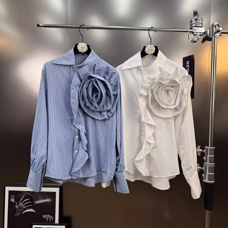 花朵条纹衬衫长袖木耳边气质上衣