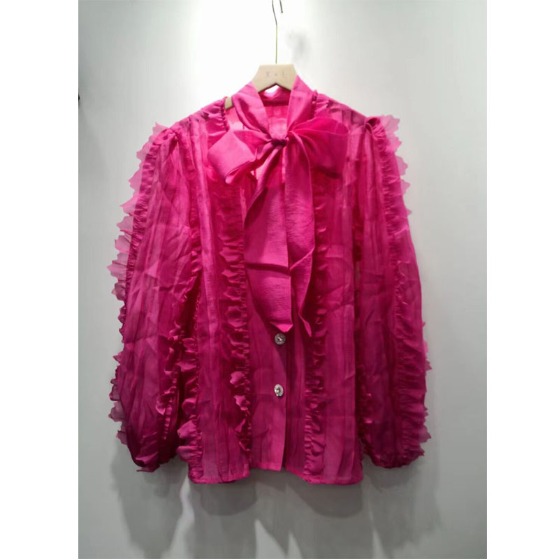 宽松高级感长袖雪纺木耳边衬衫