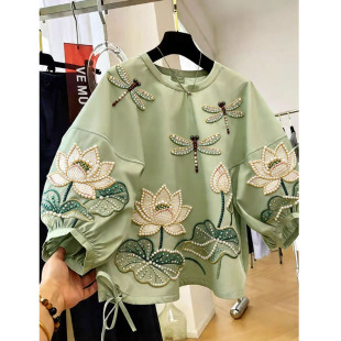 钉珠印花大码衬衫女重工荷花蜻蜓上衣女绿色气质高级感百搭内搭