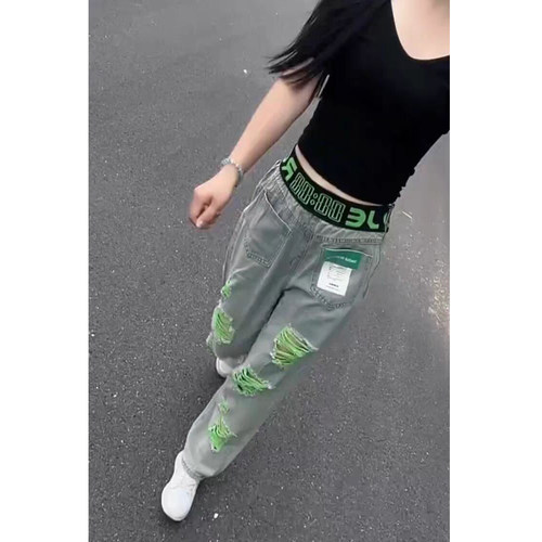 时尚拼色破洞牛仔裤女夏季新款