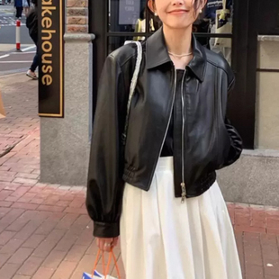 超火美式 爆款 复古机车pu夹克上衣 韩版 黑色皮衣女外套2026春春新款