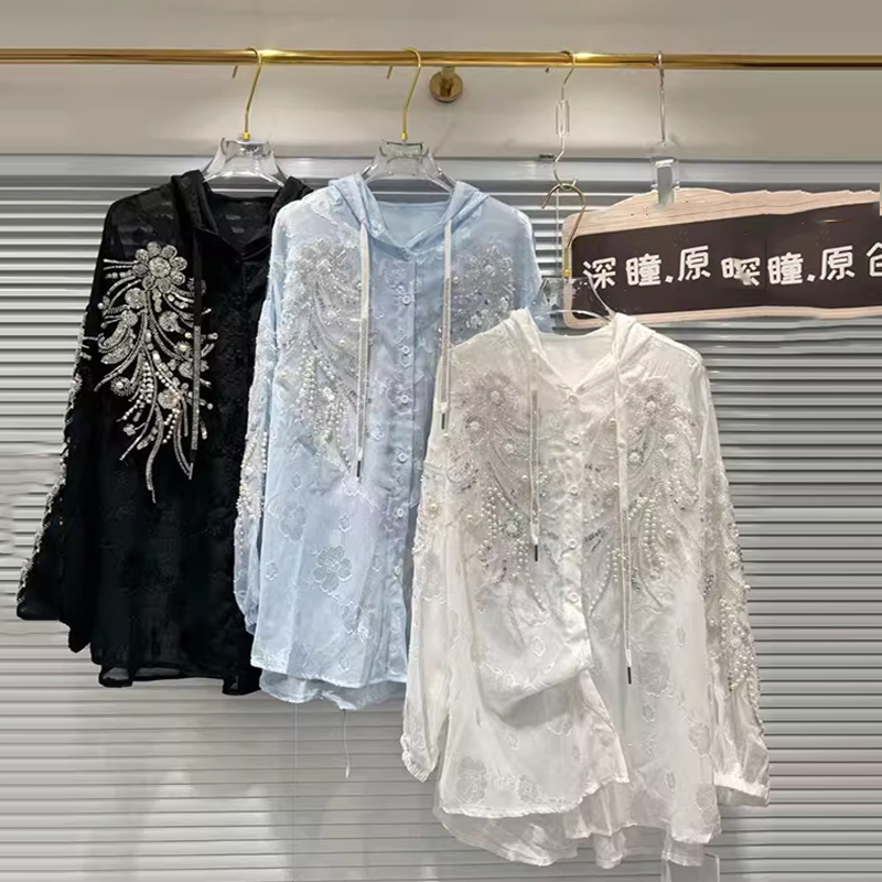 欧货重工钉珠亮片提花连帽衬衫女春夏宽松百搭时尚遮臀长袖上衣潮