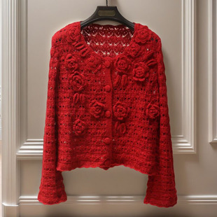 2026早春安哥拉红玫瑰立体钩花镂空复古针织开衫洋气宽松毛衣外套