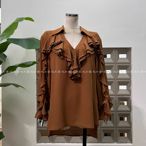 新款2026轻奢钉珠荷叶边重工长袖套头衬衫雪纺v领时髦休闲复古风