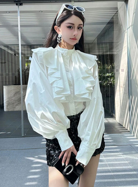 法式白色立领长袖衬衫女春春季设计感小众荷叶边高级感灯笼袖上衣