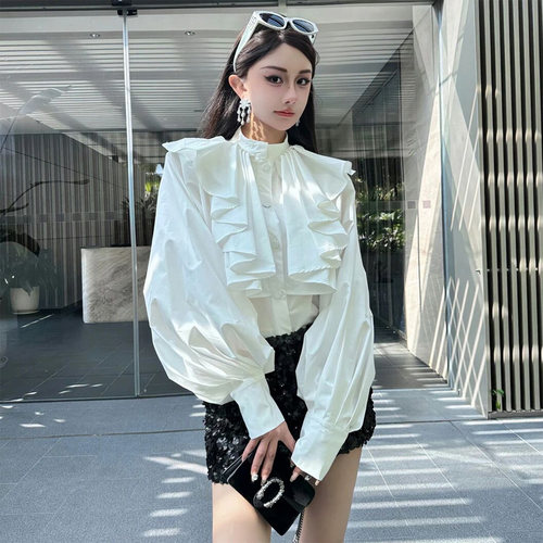法式白色立领长袖衬衫女春秋季