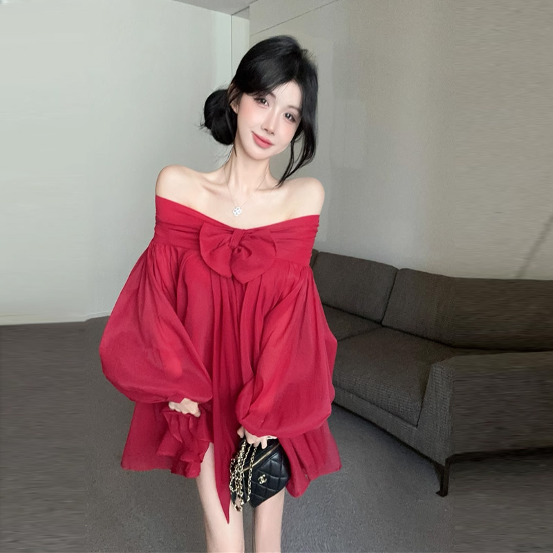 法式蝴蝶结一字肩雪纺连衣裙女装