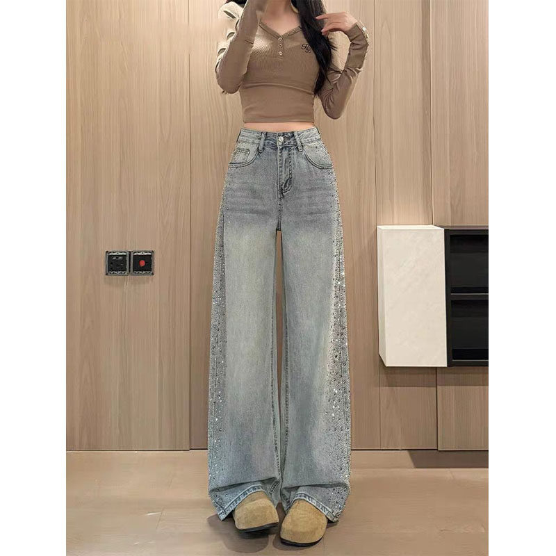 设计感浅蓝闪闪烫钻阔腿牛仔裤女美式高腰宽松直筒裤子,女装/女士精品,牛仔裤,淘宝优惠券,粉丝福利购,淘宝优惠卷