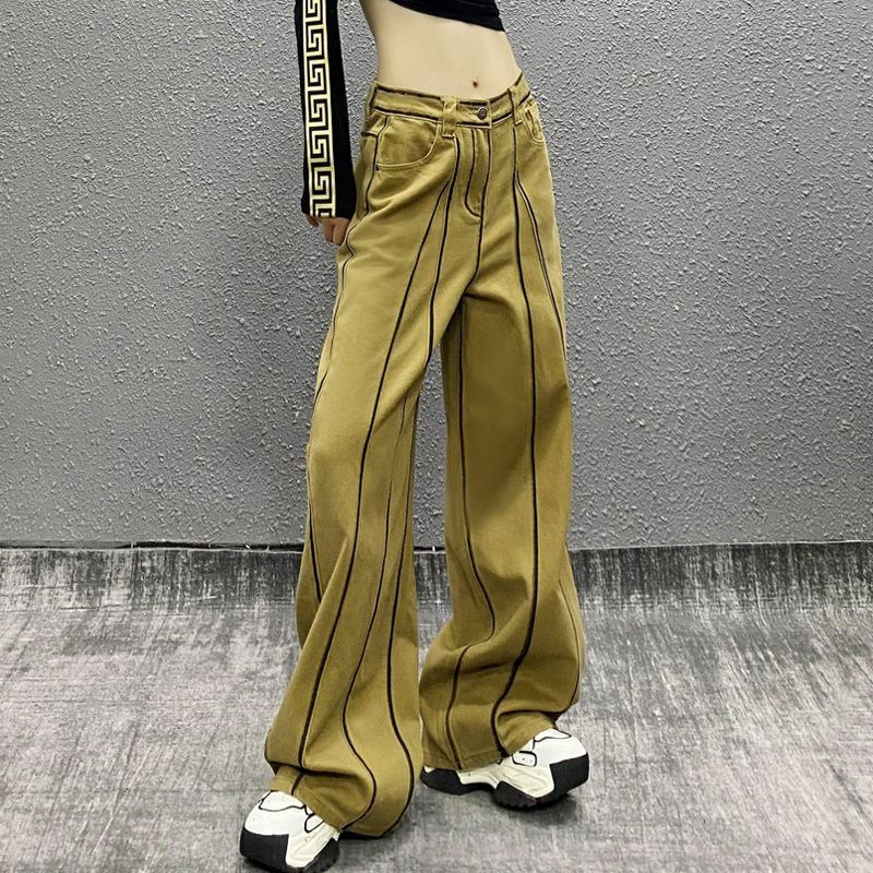 侧边拼色设计垂感休闲牛仔裤女秋新款高腰宽松显瘦百搭直筒阔腿裤