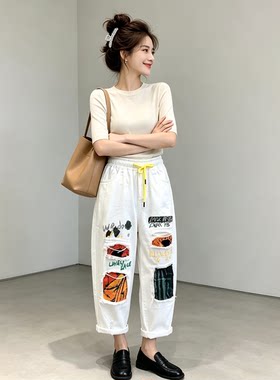 原创定制时尚爆款复古破洞松紧腰八分牛仔裤女宽松显瘦黑色哈伦裤