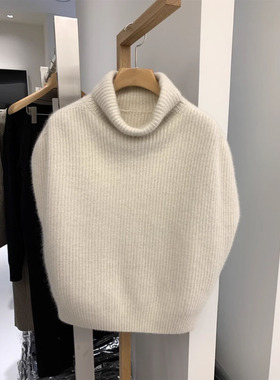 白色高领短袖针织衫毛衣女秋季2025新款宽松显瘦无袖马甲背心上衣