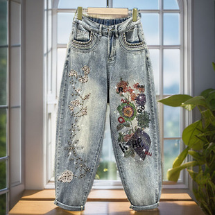 高腰宽松显瘦印花垮垮裤 潮牌重工刺绣烫钻牛仔老爹裤 女春夏新款