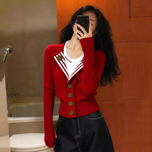 圣诞节爆款新年红色毛衣外套女设计感小众百搭针织开衫洋气外搭厚