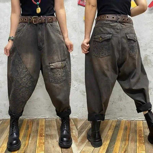高腰显瘦老爹裤 订珠印花垮裤 女2025新款 欧洲站宽松复古牛仔裤