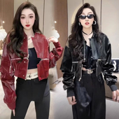 独特绝美复古酒红色闪亮漆皮皮衣外套女春春新款 横拉链棒球服夹克