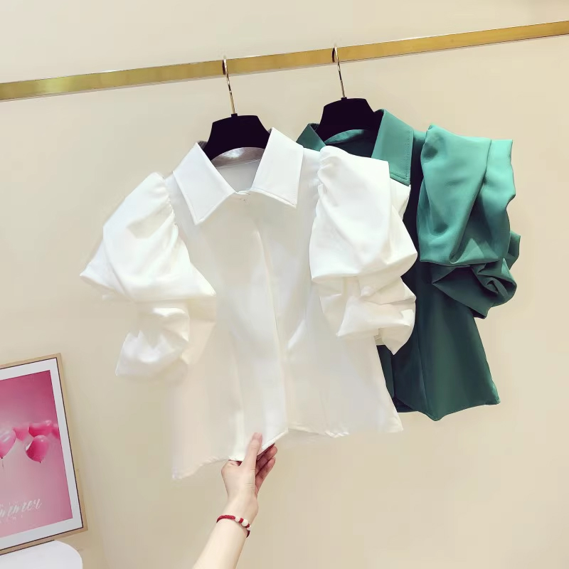 高腰型韩版单排多扣短袖雪纺衬衫