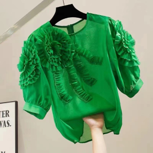 圆领套头宽松百搭微透欧根纱衬衫 女 饰复古灯笼袖 甜美立体大花朵装