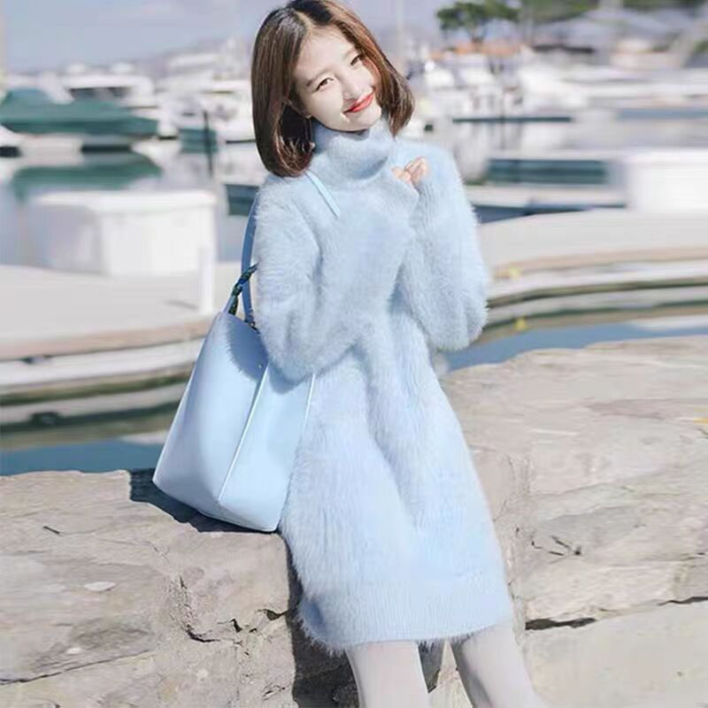 软奶蓝秋冬中长款女士毛衣连衣裙