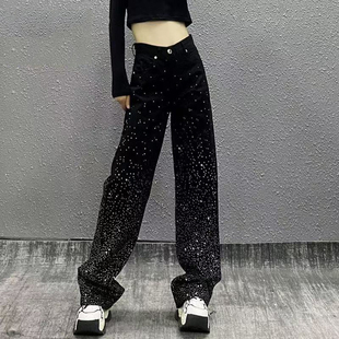 炫酷烫钻黑色休闲牛仔裤女新款高腰宽松显瘦百搭直筒阔腿拖地裤