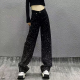 高腰宽松显瘦百搭直筒阔腿拖地裤 炫酷烫钻黑色休闲牛仔裤 女新款