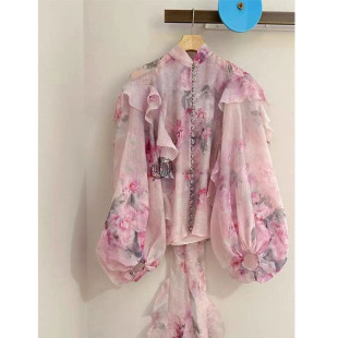 衬衣女士衬衫 粉色印花荷叶边灯笼袖 新款 轻奢高定春季