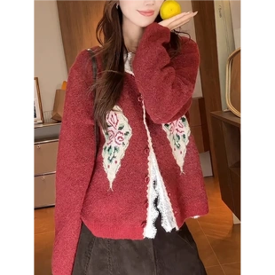 气质复古波尔多红刺绣叠穿针织高级显瘦毛衣外套 法式 2025秋季 新款
